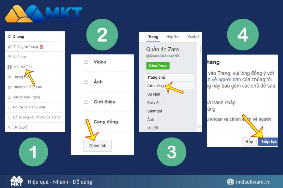 Minh họa về các bước cài đặt cửa hàng trên Facebook Minh họa về các bước cài đặt cửa hàng trên Facebook