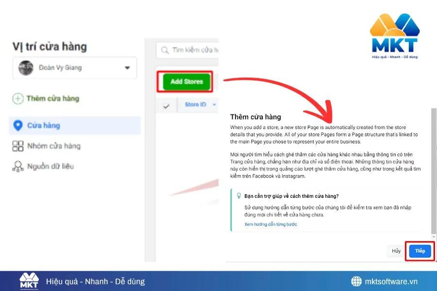 Tạo Shop trên Fanpage bằng cách chọn Thêm cửa hàng