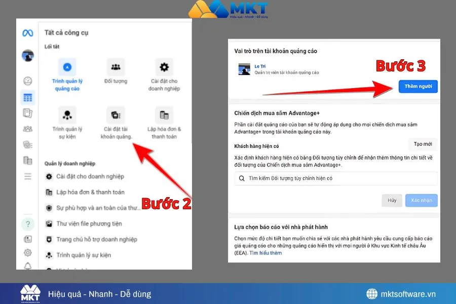 Chọn “Cài đặt tài khoản quảng cáo” và “Thêm người” như trong hình minh họa
