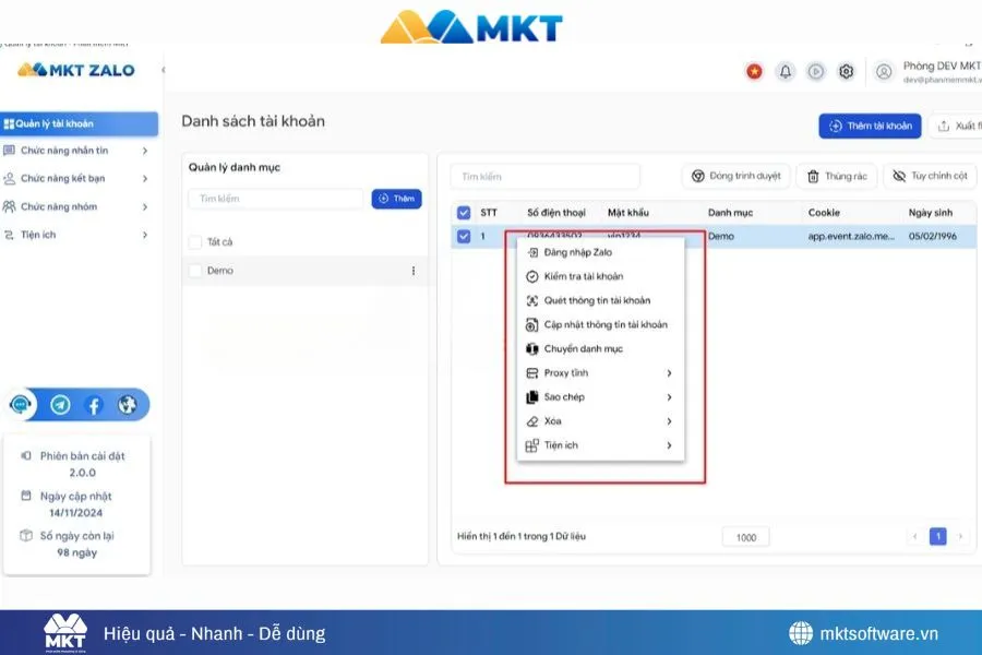 Minh họa về phần mềm MKT Zao quản lý nhiều tài khoản cùng lúc