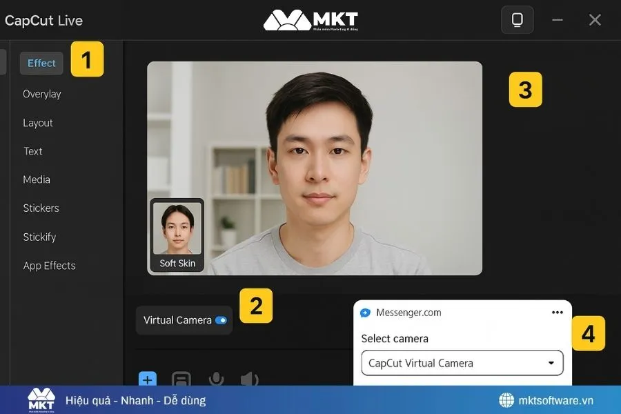 Minh họa về 5 bước call video trên Messenger có filter Instagram trên máy tính