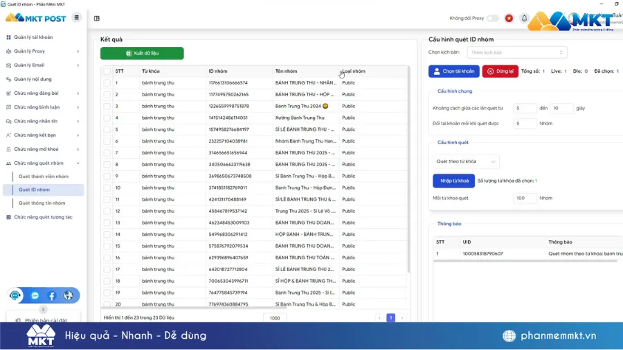 Minh họa về giao diện phần mềm MKT Post được anh Trường ứng dụng quét ID nhóm