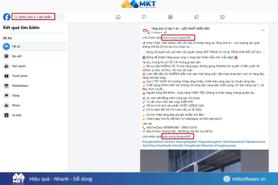 Minh họa về cách tìm nhóm Zalo trên thanh công cụ tìm kiếm Facebook Minh họa về cách tìm nhóm Zalo trên thanh công cụ tìm kiếm Facebook