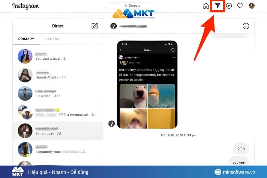 Minh họa 4 bước xem tin nhắn Instagram trên máy tính