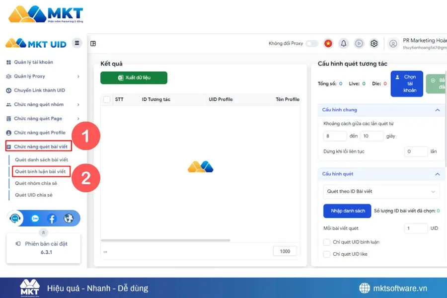 Minh họa về cấu hình cài đặt quét bài viết của phần mềm quét comment MKT UID