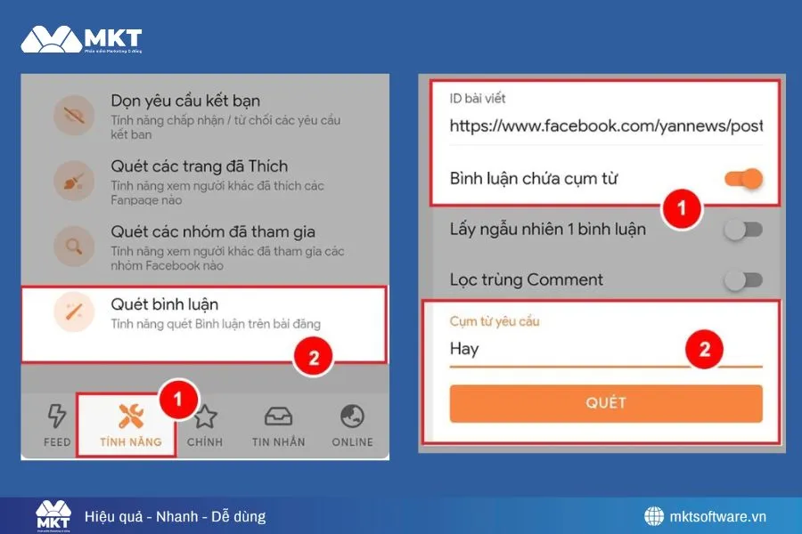 Minh họa bước 1&2 cài đặt trên phần mềm lọc comment Facebook Monokai Toolkit